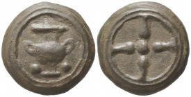 Etruria, Uncertain inland mint, Cast Sextans, 3rd century BC; AE (g 29,95; mm 31); Wheel of four spokes, Rv. Crater; in field, ° - °. HN Italy 57d; IC...