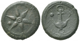 Etruria, Uncertain inland mint, Uncia, 3rd century BC; AE (g 9,87; mm 23); Wheel of six spokes; in field, °, Rv. Anchor; in field, ° and letter. HN It...