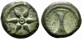 Etruria, Uncertain inland mint, Semuncia, 3rd century BC; AE (g 6,50; mm 18); Wheel of six spokes, Rv. Bipennis, on r., letter (V). HN Italy 60; ICC 1...
