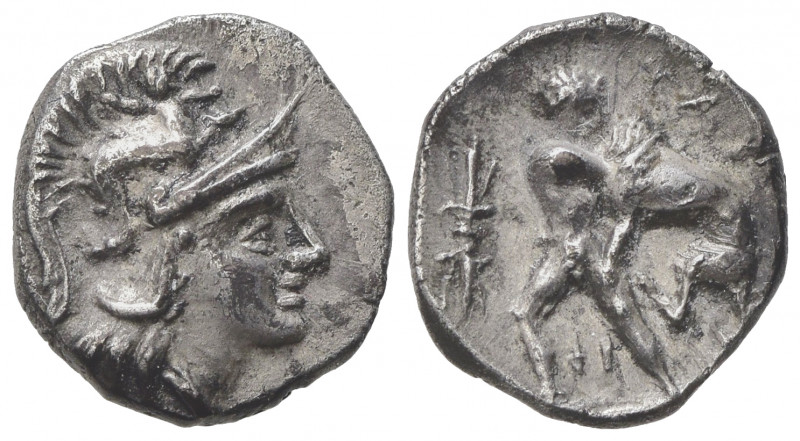 Apulia, Tarentum, Diobol, ca. 380-325 BC; AR (g 1,07; mm 11; h 6); Head of Athen...