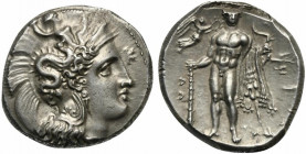 Lucania, Heraclea, Stater, ca. 330-325 BC; AR (g 7,98; mm 20; h 11); Head of Athena r., wearing Attic helmet decorated with Scylla; before, K, Rv. Her...