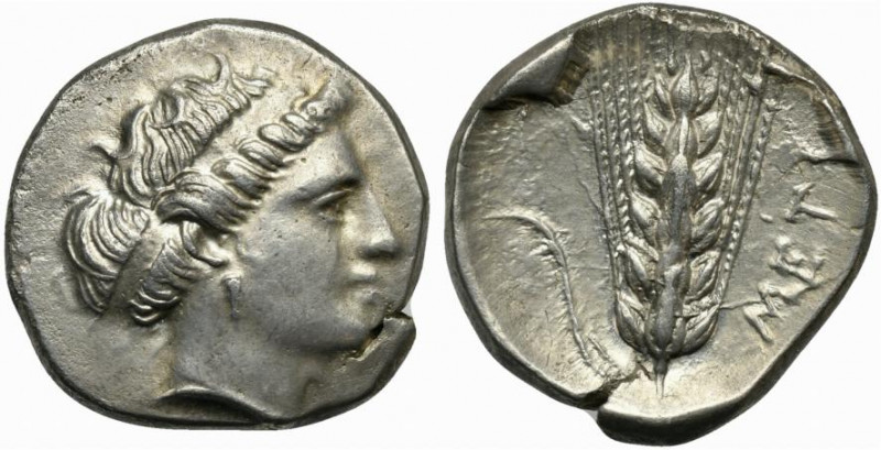 Lucania, Metapontion, Stater, ca. 400-340 BC; AR (g 7,81; mm 22; h 2); Diademed ...