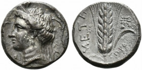 Lucania, Metapontion, Stater struck under Pro- magistrate, ca. 340-330 BC; AR (g 7,64; mm 20; h 6); Head of Demeter l., wearing grain wreath and veil,...