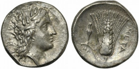 Lucania, Metapontion, Stater, ca. 290-280 BC; AR (g 7,52; mm 21; h 4); Head of Demeter r., wearing grain wreath; behind, ΔI, Rv. Ear of barley with le...