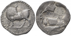 Lucania, Sybaris, Incuse Stater, ca. 550-510 BC; AR (g 7,94; mm 27; h 12); Bull advancing l., looking backwards; in ex. MV (retrograde), Rv. Same type...