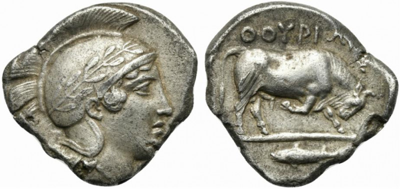 Lucania, Thurium, Stater, ca. 443-400 BC; AR (g 7,84; mm 22; h 12); Head of Athe...