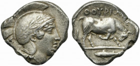 Lucania, Thurium, Stater, ca. 443-400 BC; AR (g 7,84; mm 22; h 12); Head of Athena r., wearing crested and wreathed Attic helmet, Rv. ΘOYPIΩN, bull bu...