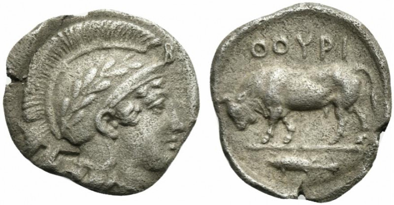Lucania, Thurium, Diobol, ca. 443-400 BC; AR (g 1,16; mm 12; h 9); Head of Athen...