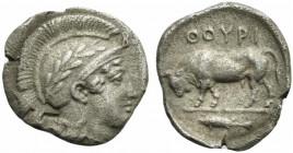 Lucania, Thurium, Diobol, ca. 443-400 BC; AR (g 1,16; mm 12; h 9); Head of Athena r., wearing crested and lauretae Attic helmet; in upper r., B, Rv. Θ...