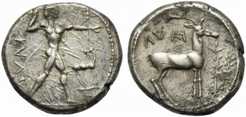 Bruttium, Caulonia, Stater, ca. 475-425 BC; AR (g 7,93; mm 20; h 5); Apollo adva...