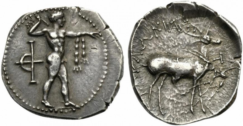 Bruttium, Caulonia, Stater, ca. 400-388 BC; AR (g 7,88; mm 23; h 9); Apollo adva...