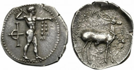 Bruttium, Caulonia, Stater, ca. 400-388 BC; AR (g 7,88; mm 23; h 9); Apollo advancing r., holding branch, fillet hanging over extended arm; behind, bi...