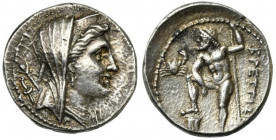 Bruttium, The Brettii, Drachm struck during the Second Punic War, ca. 216-214 BC; AR (g 4,83; mm 18; h 3); Veiled head of Hera Lakinia r., wearing pol...