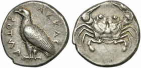 Sicily, Akragas, Didrachm, ca. 510-500 BC; AR (g 8,76; mm 22; h 8); Sea eagle standing l.; around, AKRAC - ANTOΣ partially retrograde, Rv. Crab. HGC 2...