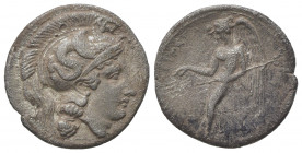 Sicily, Kamarina, Litra, ca. 405 BC; AR (g 0,69; mm 12; h 1); Head of Athena r., wearing crested Attic helmet decorated with a hippocamp, Rv. Nike adv...