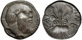Sicily, Katane, Litra, ca. 461-445 BC; AR (g 0,89; mm 11; h 7); Head of Silenos r., Rv. Winged thunderbolt, two shields flanking; around, KAT - ANE. H...