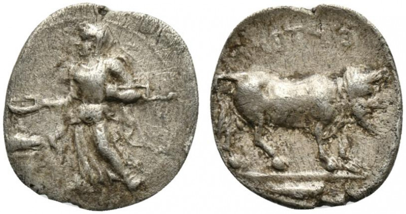 Sicily, Entella, Litra, ca. 430-420 BC; AR (g 0,61; mm 12; h 12); Female figure ...