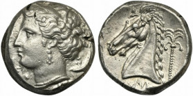 Sicily, Entella - Punic issues, Tetradrachm, ca. 320-300 BC; AR (g 17,03; mm 23; h 6); Wreathed head of Arethousa l.; around, three dolphins, Rv. Head...