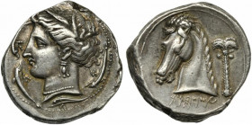 Sicily, Entella - Punic issues, Tetradrachm, ca. 320-300 BC; AR (g 17,07; mm 27; h 3); Wreathed head of Arethousa l., wreathed with reeds; around, fou...