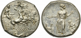 Sicily, Himera, Tetradrachm signed by MAI, ca. 409-407 BC; AR (g 17,28; mm 24; h 11); The nymph Himera holding reins in both hands, driving unruly qua...