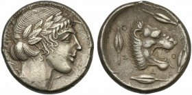 Sicily, Leontinoi, Tetradrachm, ca. 455-430 BC; AR (g 17,27; mm 25; h 3); Laureate head of Apollo r., Rv. Lion's head to r., with open jaws and tongue...