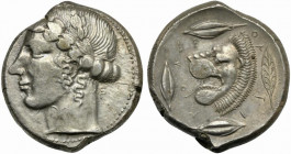 Sicily, Leontinoi, Tetradrachm, ca. 455-430 BC; AR (g 17,26; mm 26; h 6); Laureate head of Apollo l., Rv. Lion's head to l., with open jaws and tongue...