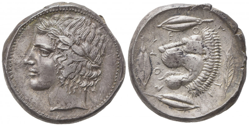 Sicily, Leontinoi, Tetradrachm, ca. 455-430 BC; AR (g 17,05; mm 25; h 10); Laure...