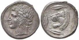 Sicily, Leontinoi, Tetradrachm, ca. 455-430 BC; AR (g 17,05; mm 25; h 10); Laureate head of Apollo l., Rv. Lion's head to l., with open jaws and tongu...