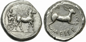 Sicily, Messana, Tetradrachm, ca. 480-478 BC; AR (g 17,11; mm 24; h 6); Biga of mules driven r. by charioteer, holding reins, Rv. Hare springing r.; a...