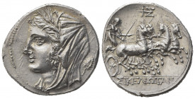Sicily, Morgantina, 8 Litrai, ca. 214-212 BC; AR (g 6,73; mm 23; h 4); Veiled head of Demeter l., wreathed with grain; on r., holly leaf; , Rv. Nike, ...