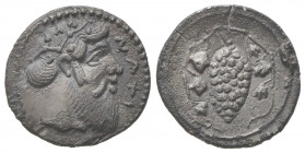 Sicily, Naxos, Litra, ca. 461-430 BC; AR (g 0,69; mm 11; h 11); Bearded head of Dionysos r., with ivy wreath; before, NAXI, Rv. Bunch of grapes on vin...