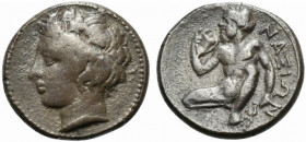 Sicily, Naxos, Hemidrachm, ca. 415-403 BC; AR (g 2,08; mm 13; h 6); Head of Assinos l., with reeds wreath, Rv. Ithyphallic Silenos seated facing, head...
