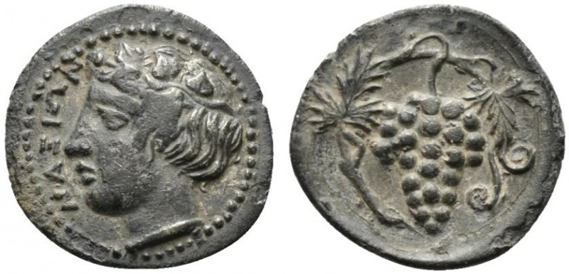 Sicily, Naxos, Litra, ca. 415-403 BC; AR (g 0,75; mm 11; h 11); Head of Dionysos...