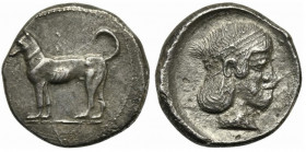 Sicily, Segesta, Didrachm, ca. 440-416 BC; AR (g 8,17; mm 21; h 1); Hound standing l., Rv. Nimph head r., wearing sphendone. HGC 2, 1135 var (legend o...