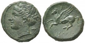 Sicily, Syracuse, Bronze struck under Hieron II, ca. 269-240 BC; AE (g 3,24; mm 16; h 1); Head of Arethousa l.; behind, poppy head, Rv. Pegasos flying...