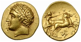 Sicily, Syracuse, 60 Litrai struck under Agathokles, ca. 317-289 BC; AV (g 4,27; mm 15; h 4); Laureate head of Apollo l., Rv. Charioteer driving fast ...