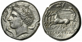 Sicily, Syracuse, Tetradrachm struck under Agathokles, ca. 317-289 BC; AR (g 17,07; mm 25; h 10); Wreathed head of Arethousa l.; below, NK; around, th...