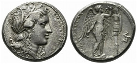 Sicily, Syracuse, Tetradrachm struck under Agathokles, ca. 317-289 BC; AR (g 17,00; mm 26; h 12); Wreathed head of Kore-Persephone r.; before, ΣΥΡΑΚΟΣ...