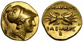 Sicily, Syracuse, Oktobol struck under Agathokles, ca. 295-289 BC; AV (g 5,77; mm 15; h 10); Head of Athena r., wearing crested Corinthian helmet deco...
