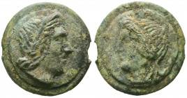 Imitating the Apollo/Apollo series, Cast As, Uncertain mint in Apulia (?), ca. 250-230 BC; AE (g 356; mm 70; h 12); Diademed male head r., Rv. Diademe...