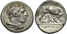 Anonymous, Didrachm, Neapolis (?), after 276 BC; AR (g 7,11; mm 22; h 9); Head of Hercules r., hair bound with ribbon, with club and lion's skin over ...