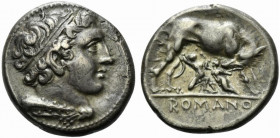 Anonymous, Didrachm, Neapolis (?), after 276 BC; AR (g 7,20; mm 20; h 6); Head of Hercules r., hair bound with ribbon, with club and lion's skin over ...