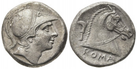 Anonymous, Didrachm, Rome, ca. 241-235 BC; AR (g 6,66; mm 18; h 6); Helmeted head of Mars r., Rv. Bridled horse's head r.; behind, sickle; below, ROMA...