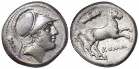 Anonymous, Didrachm, Rome, ca. 230-226 BC; AR (g 6,62; mm 18; h 6); Helmeted head of Mars r.; behind, club, Rv. Horse galloping r.; above, club; below...