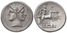 Anonymous, Quadrigatus, Rome, ca. 225-212 BC; AR (g 6,58; mm 23; h 6); Laureate Janiform head of Dioscuri, Rv. Jupiter in quadriga driven by Victory r...