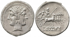 Anonymous, Quadrigatus, Rome, ca. 225-212 BC; AR (g 6,09; mm 24; h 7); Laureate Janiform head of Dioscuri, Rv. Jupiter in quadriga driven by Victory r...