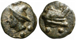 Janus/Prow to r. series, Cast Sextans, Rome, ca. 225-217 BC; AE (g 44,55; mm 35; h 12); Head of Mercury l., wearing winged petasos; below, °°, Rv. Pro...