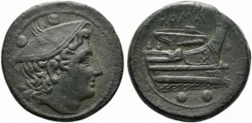 Semilibral series, Sextans, Rome, ca. 217-215 BC; AE (g 25,10; mm 30; h 11); Head of Mercury r., wearing winged petasos; above, °°, Rv. Prow r.; above...