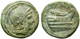 Semilibral series, Quartuncia, Rome, ca. 217-215 BC; AE (g 3,22; mm 15; h 6); Helmeted head of Roma r., Rv. Prow r.; above, ROMA. Crawford 38/8; Syden...