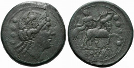 Semilibral series, Triens, Rome, ca. 217-215 BC; AE (g 52,59; mm 37; h 6); Diademed female head r.; behind, °°°°, Rv. Hercules fighting centaur, holdi...